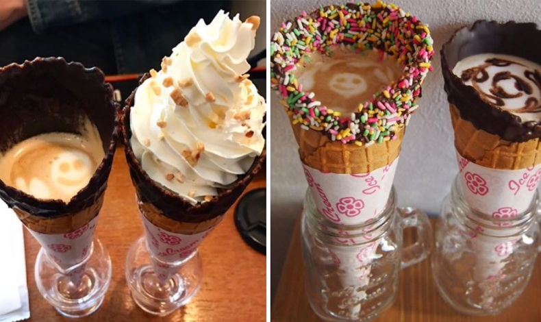 Delicioso caf servido en conos de helado en Japn