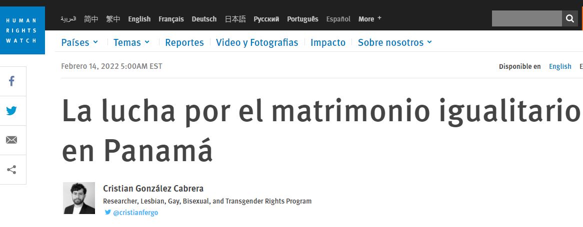 Panam en la mira de Human Rights Watch en su reportaje sobre las leyes discriminatorias contra el matrimonio igualitario