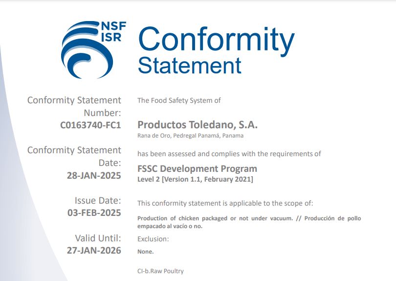 Productos Toledano se ha convertido en la primera empresa avcola del pas en obtener la certificacin internacional FSSC 22000
